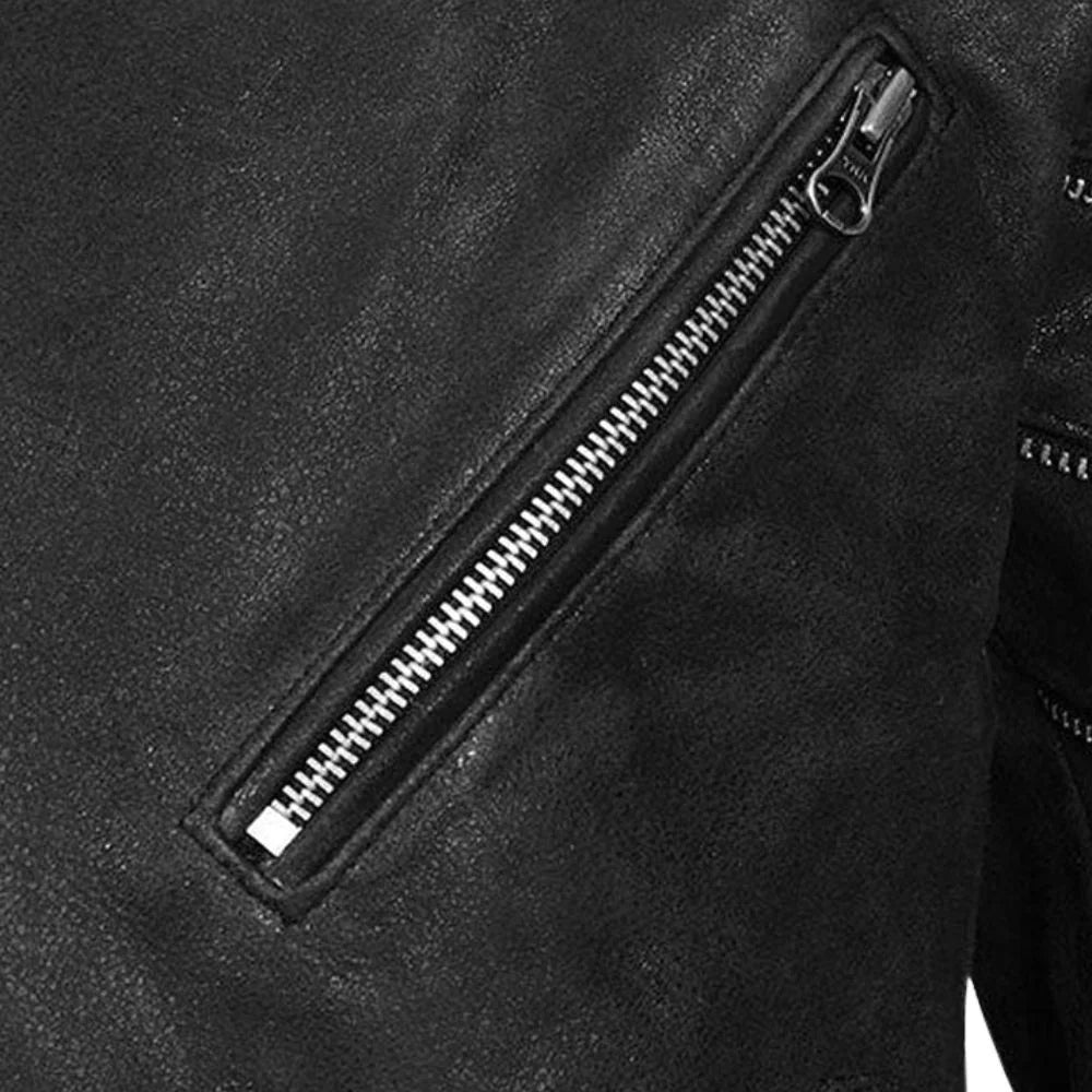 Men’s Black Leather Jacket with Quilted Sleeves