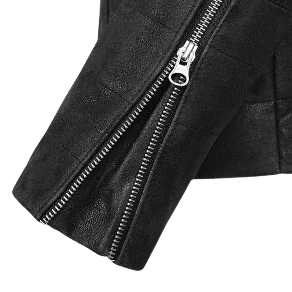 Men’s Black Leather Jacket with Quilted Sleeves