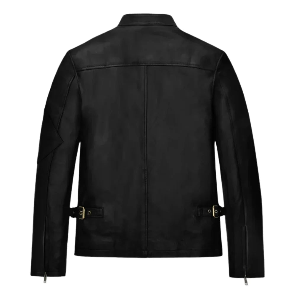 Men’s Black Leather Jacket with Red and Tan Stripes