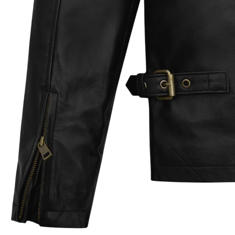 Men’s Black Leather Jacket with Red and Tan Stripes