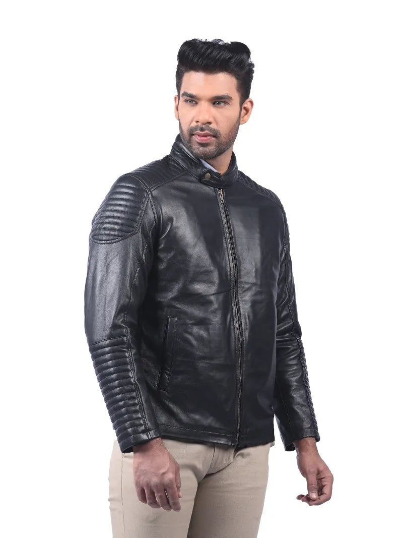 Men’s Black Leather Jacket with Ribbed Panels Right