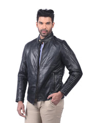 Men’s Black Leather Jacket with Ribbed Panels Front