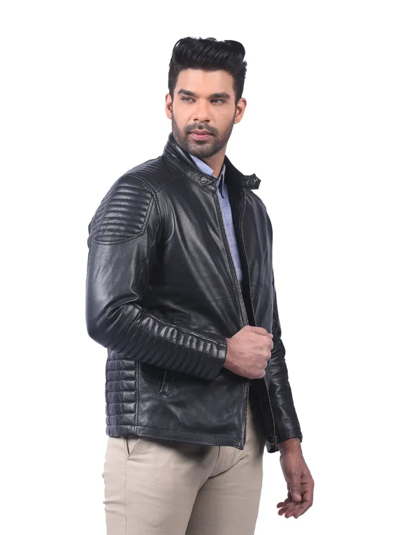 Men’s Black Leather Jacket with Ribbed Panels Right