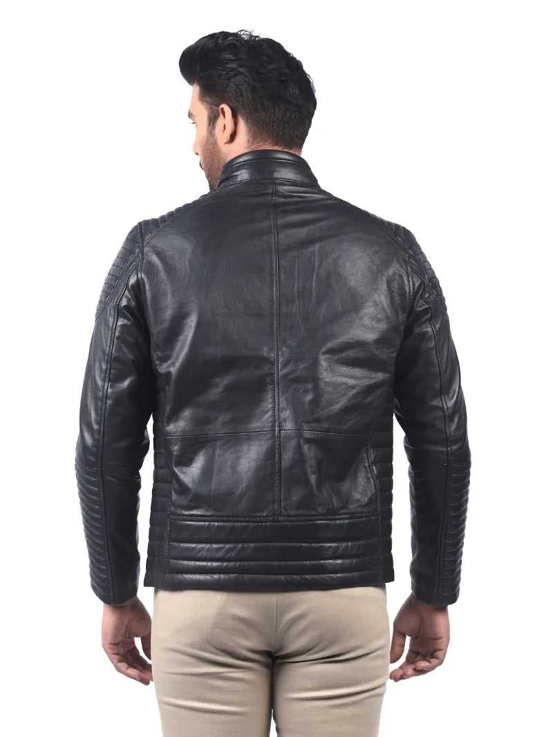 Men’s Black Leather Jacket with Ribbed Panels Back