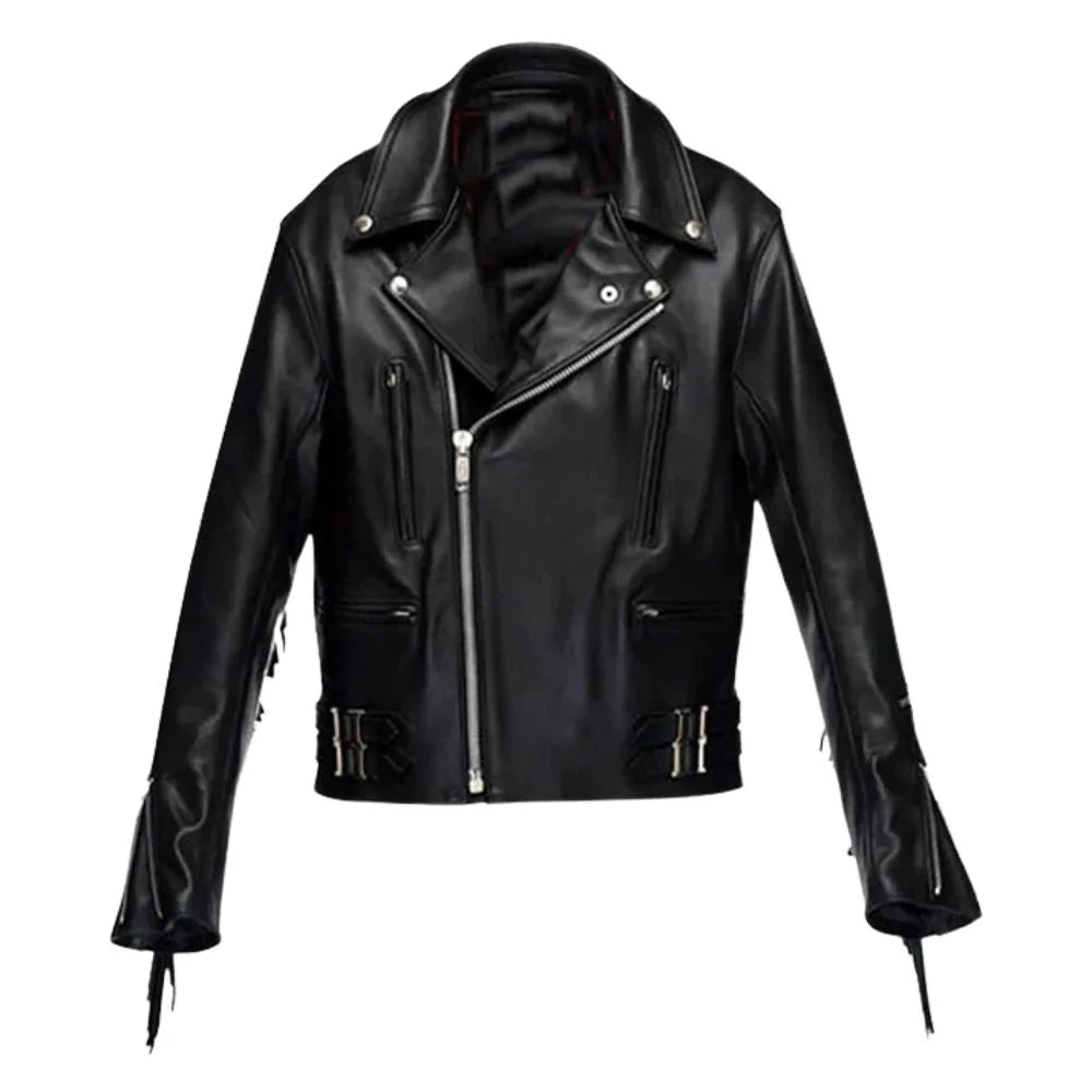 Men’s Black Leather Jacket with Side Buckles