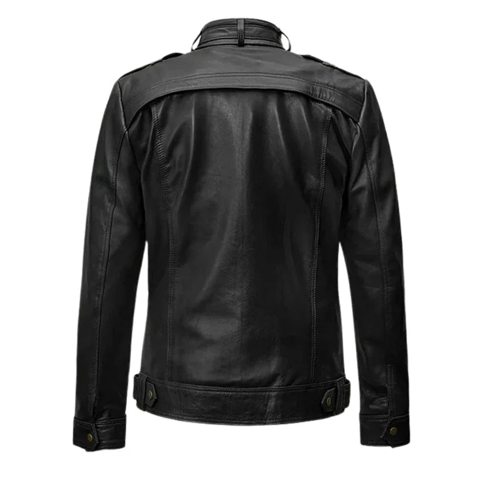 Men’s Black Leather Jacket with Band Collar