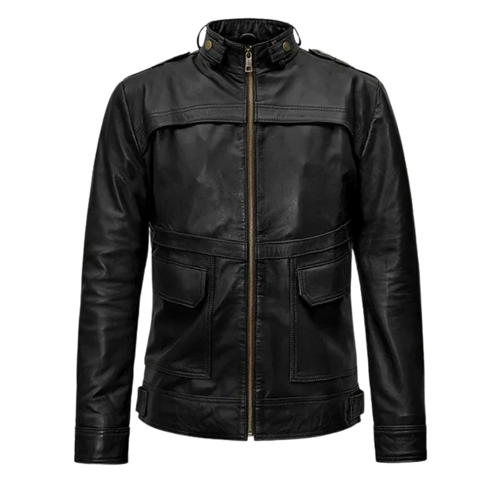 Men’s Black Leather Jacket with Band Collar