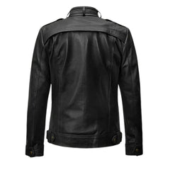 Men’s Black Leather Jacket with Band Collar