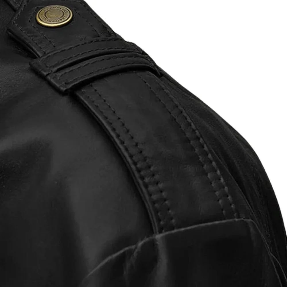 Men’s Black Leather Jacket with Band Collar