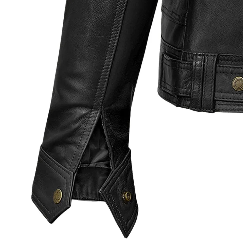 Men’s Black Leather Jacket with Band Collar