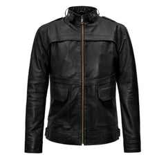 Men’s Black Leather Jacket with Band Collar