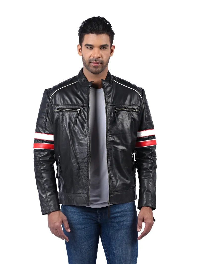 Men’s Black Leather Jacket with Stripe Sleeves Full