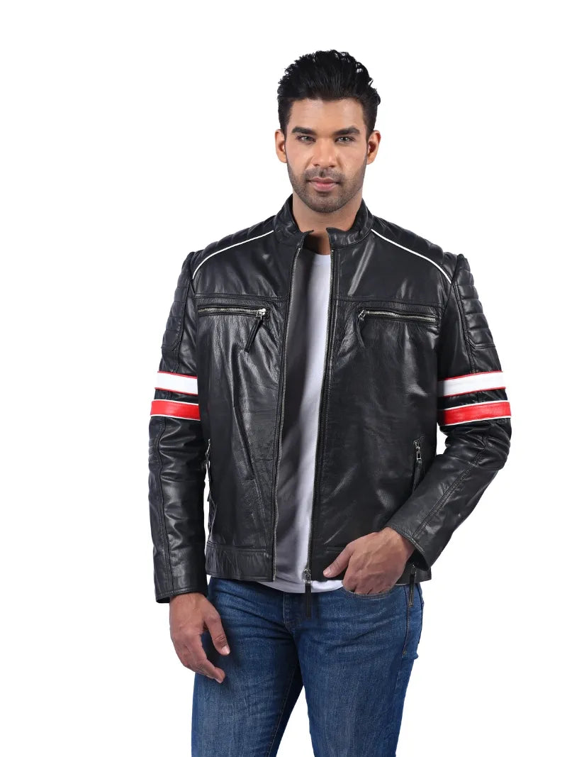 Men’s Black Leather Jacket with Stripe Sleeves Front