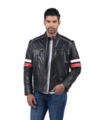 Men’s Black Leather Jacket with Stripe Sleeves Front