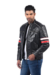 Men’s Black Leather Jacket with Stripe Sleeves Left 