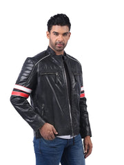 Men’s Black Leather Jacket with Stripe Sleeves Right