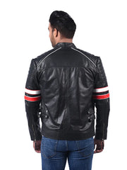 Men’s Black Leather Jacket with Stripe Sleeves Back