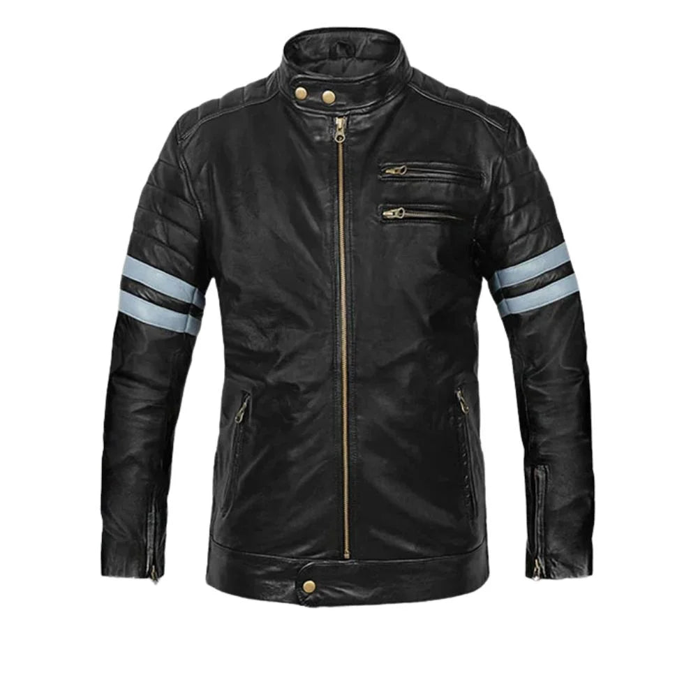 Men’s Black Leather Jacket with Stripes