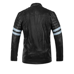 Men’s Black Leather Jacket with Stripes
