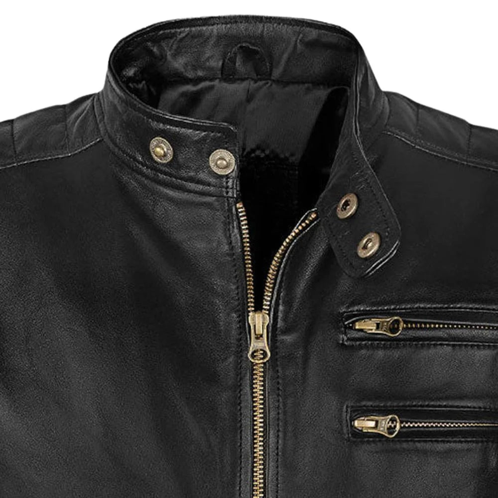 Men’s Black Leather Jacket with Stripes