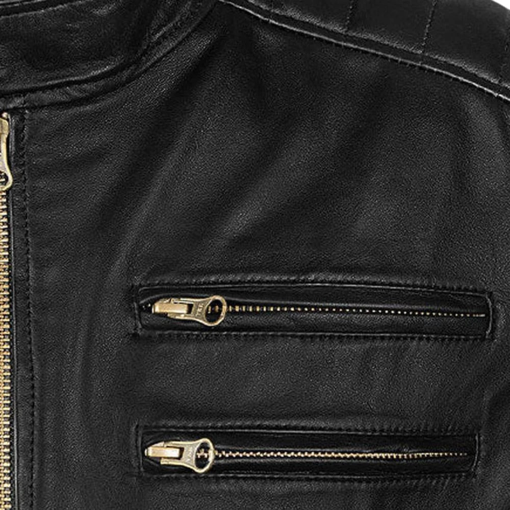 Men’s Black Leather Jacket with Stripes