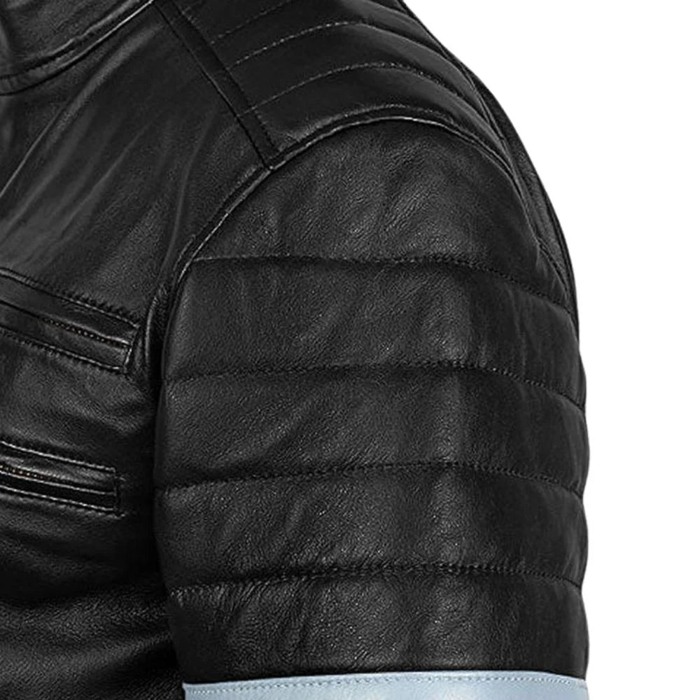 Men’s Black Leather Jacket with Stripes