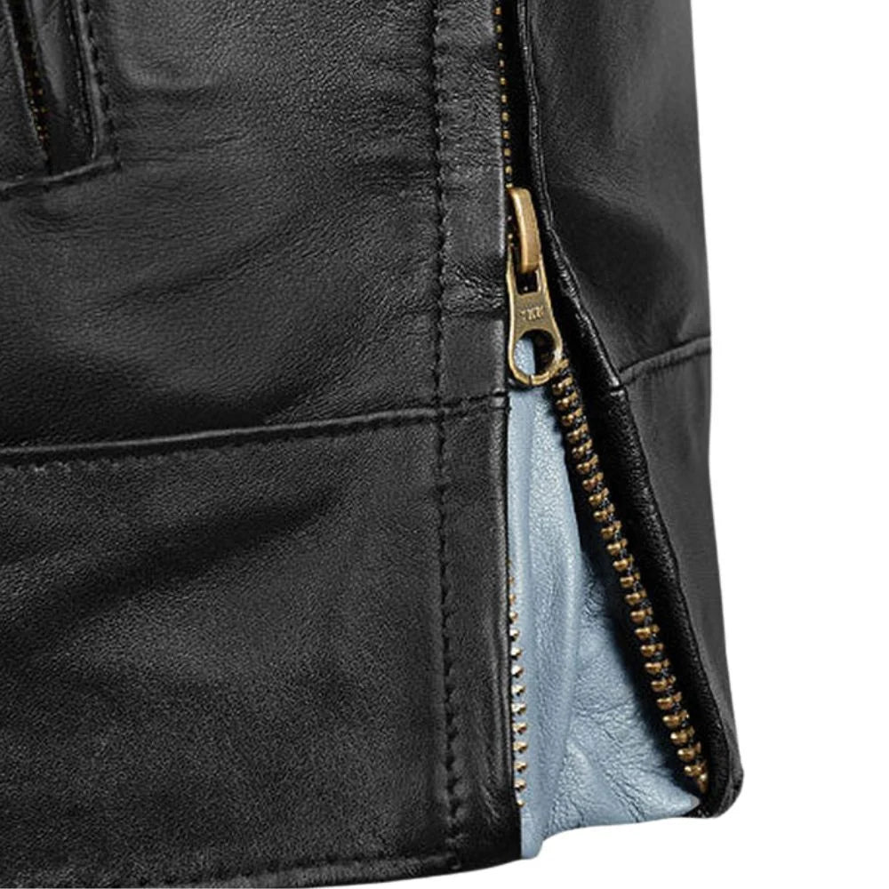 Men’s Black Leather Jacket with Stripes