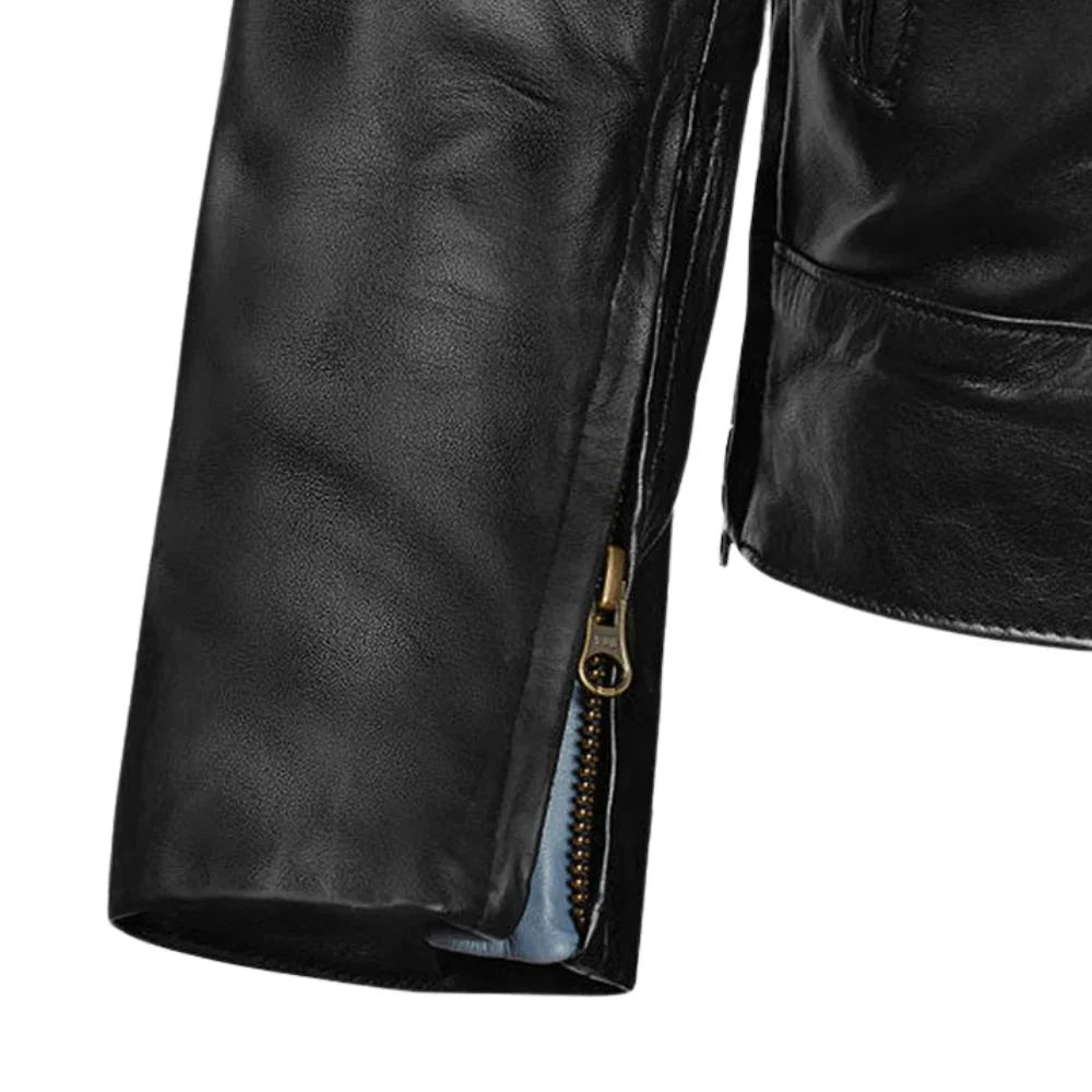 Men’s Black Leather Jacket with Stripes