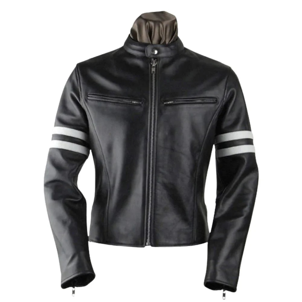 Men’s Black Leather Jacket with White Stripes