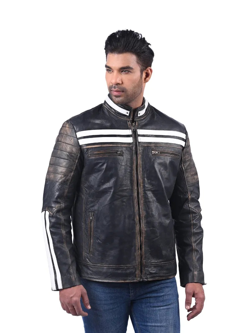 Men’s Black Leather Jacket with White Stripes Full