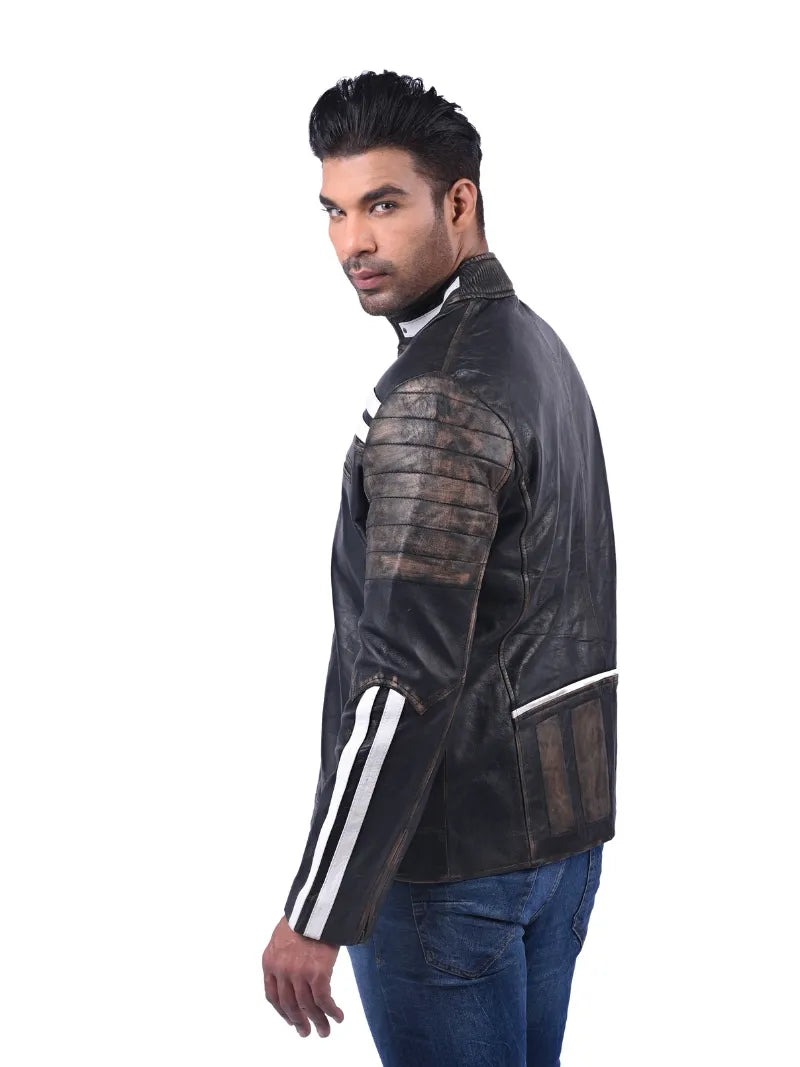 Men’s Black Leather Jacket with White Stripes Left