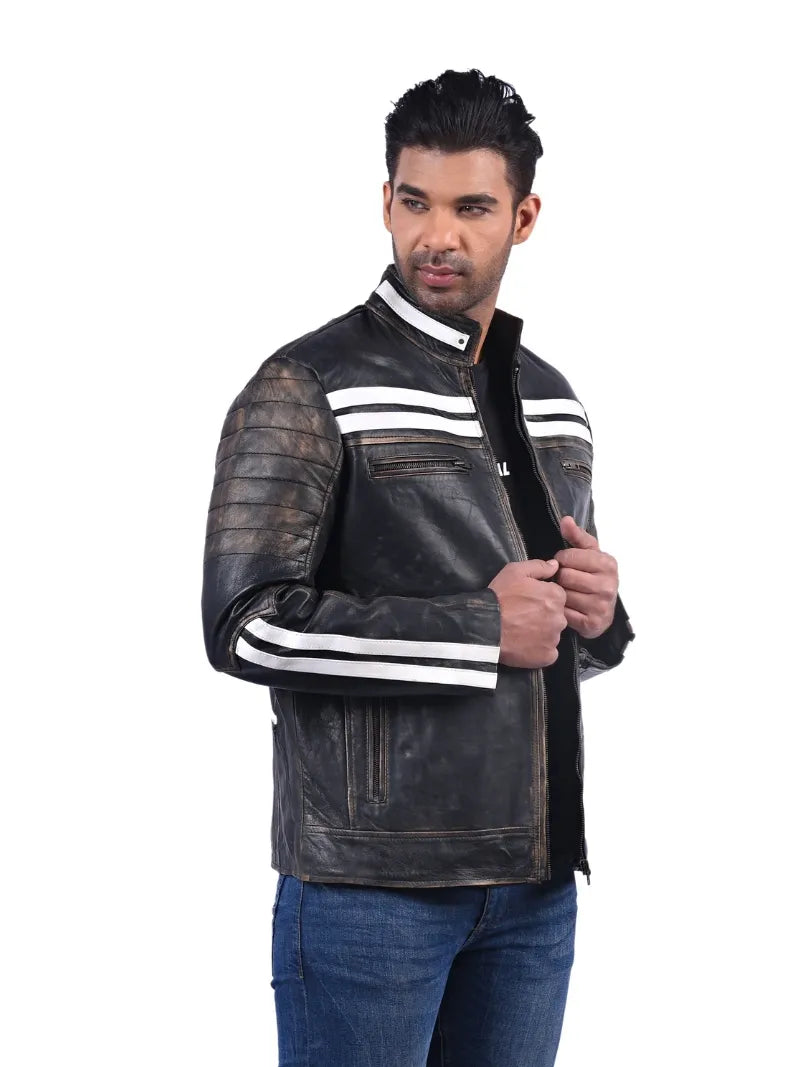 Men’s Black Leather Jacket with White Stripes Right 