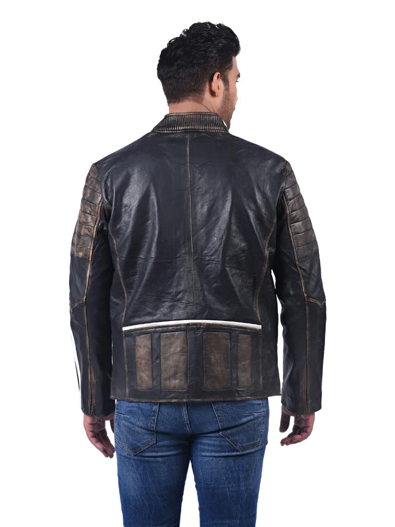 Men’s Black Leather Jacket with White Stripes Back