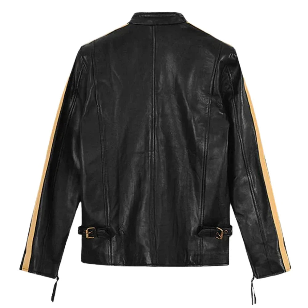 Men’s Black Leather Jacket with Yellow Stripes