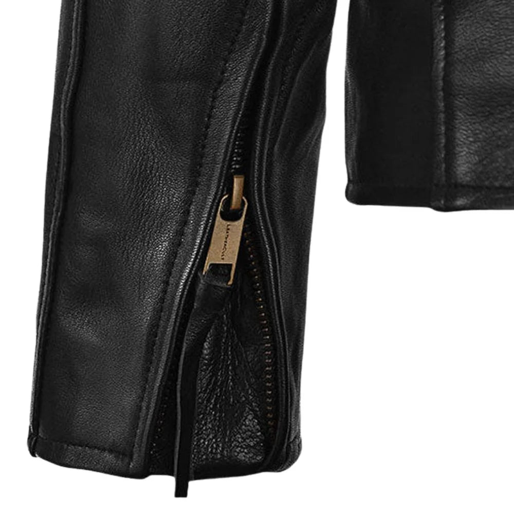 Men’s Black Leather Jacket with Yellow Stripes