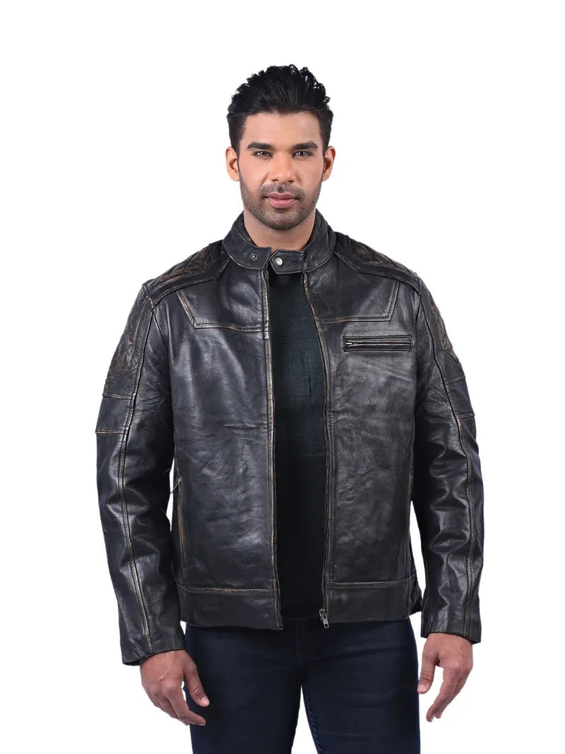 Men’s Black Leather Jacket with Zip Chest Pocket Front 