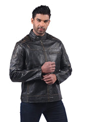 Men’s Black Leather Jacket with Zip Chest Pocket Right 
