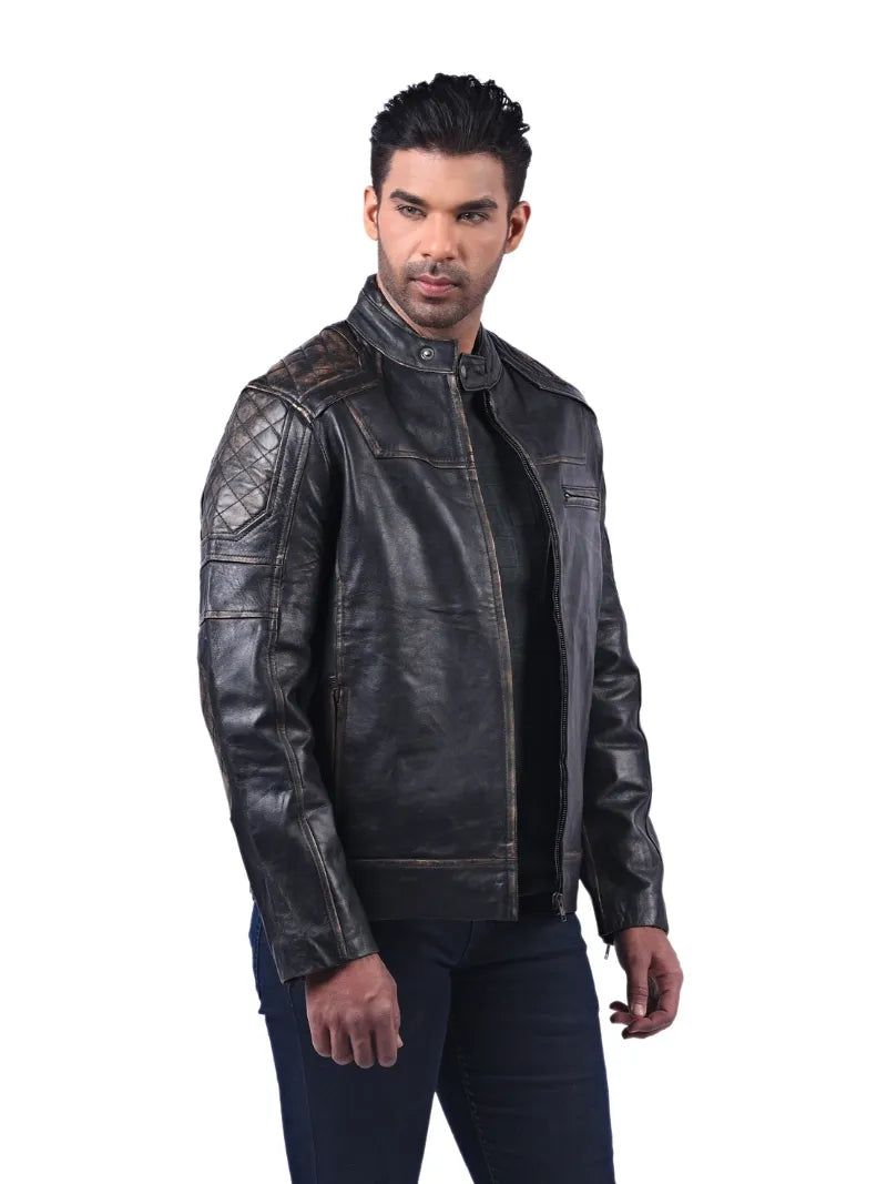 Men’s Black Leather Jacket with Zip Chest Pocket Full