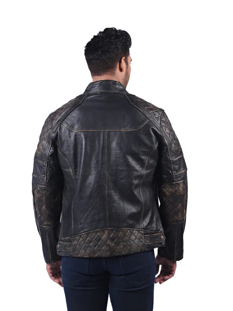 Men’s Black Leather Jacket with Zip Chest Pocket Back 