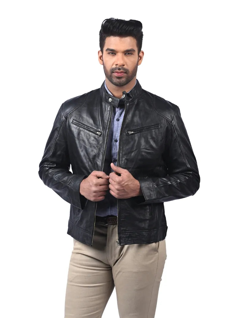 Men’s Black Leather Jacket with Zip Chest Pockets Front 