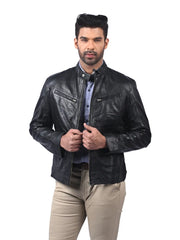 Men’s Black Leather Jacket with Zip Chest Pockets Front 