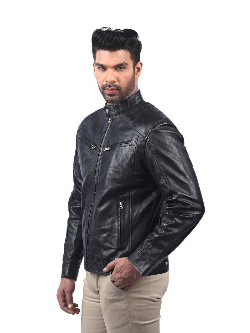 Men’s Black Leather Jacket with Zip Chest Pockets Left 