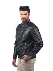 Men’s Black Leather Jacket with Zip Chest Pockets Left 