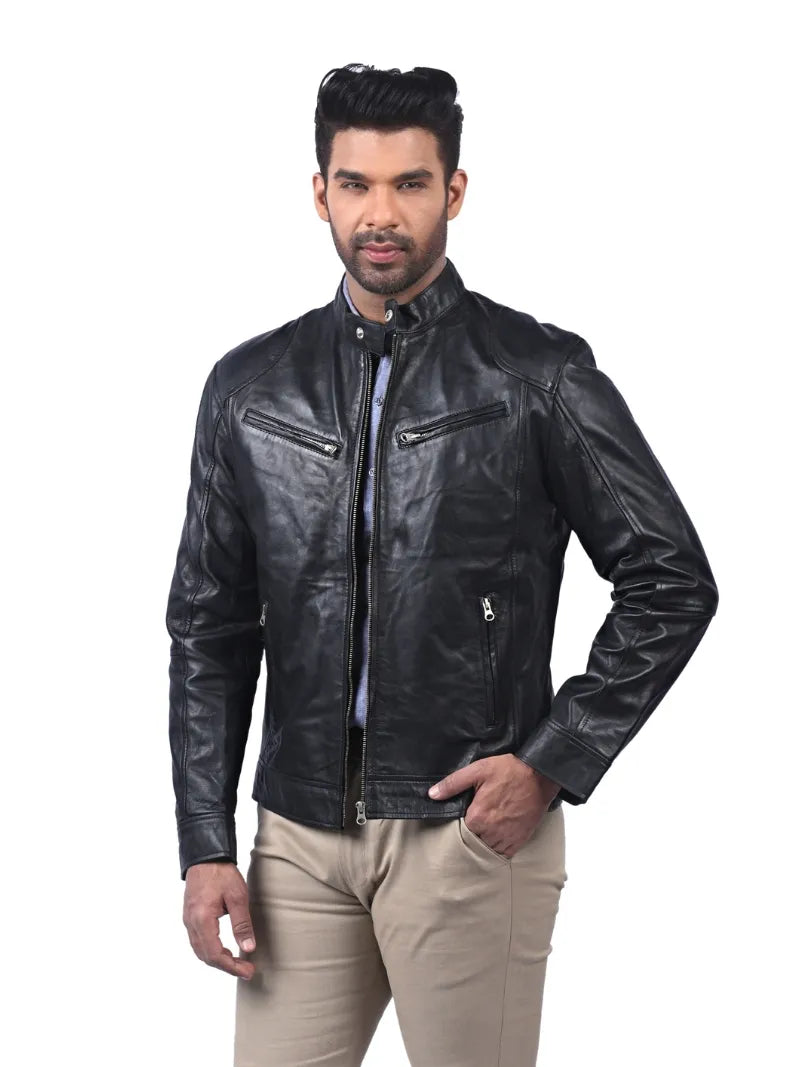 Men’s Black Leather Jacket with Zip Chest Pockets Full