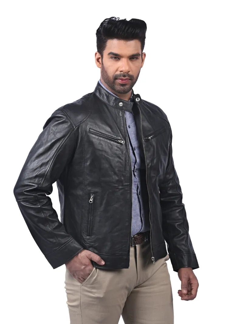 Men’s Black Leather Jacket with Zip Chest Pockets Right 