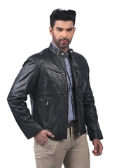 Men’s Black Leather Jacket with Zip Chest Pockets Right 