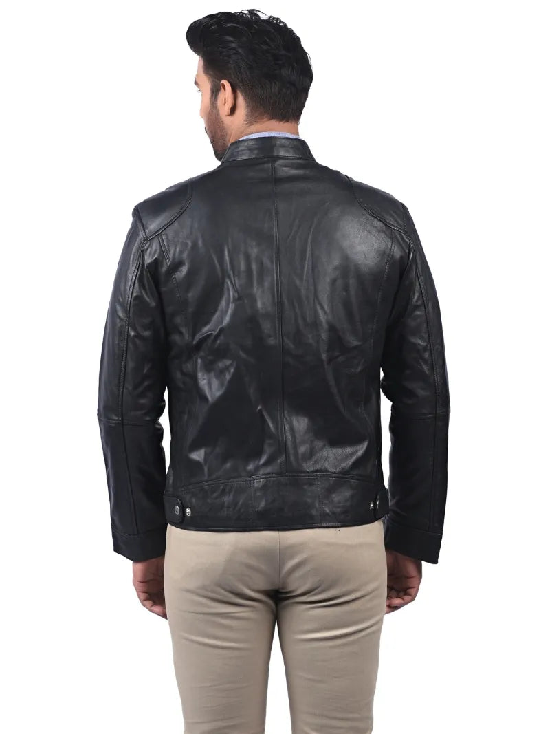 Men’s Black Leather Jacket with Zip Chest Pockets Back 