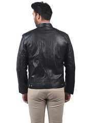 Men’s Black Leather Jacket with Zip Chest Pockets Back 