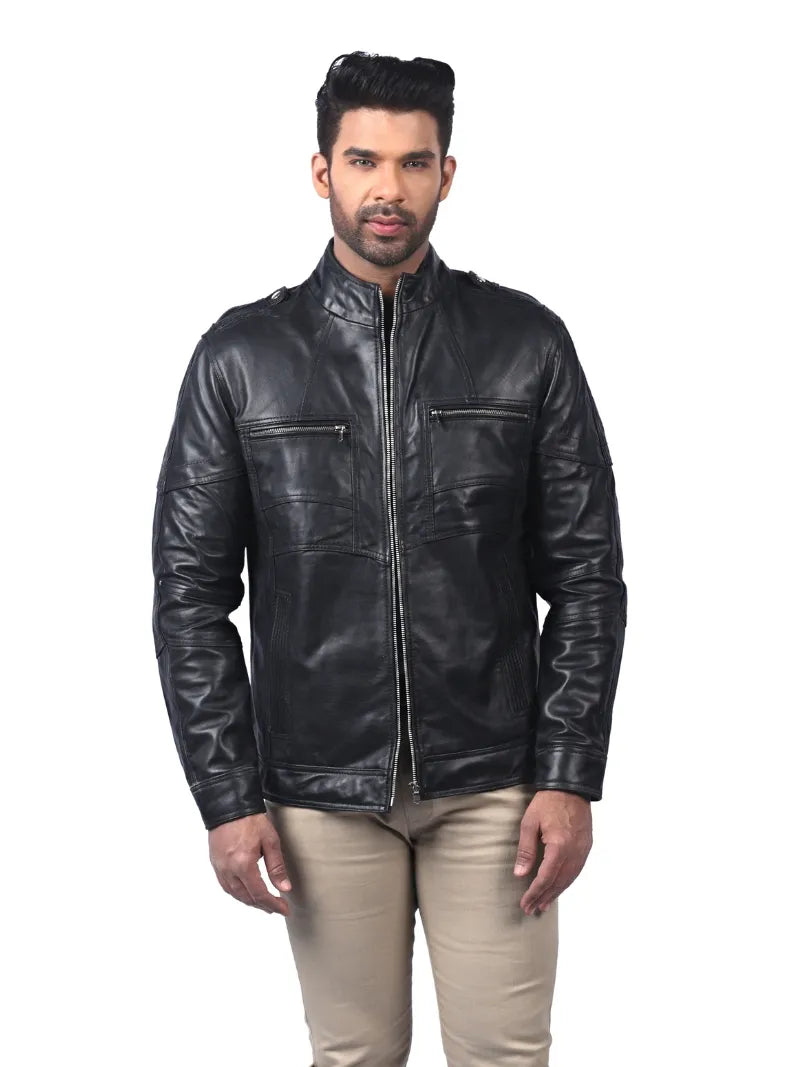 Men’s Black Leather Jacket with Zip Pockets Front
