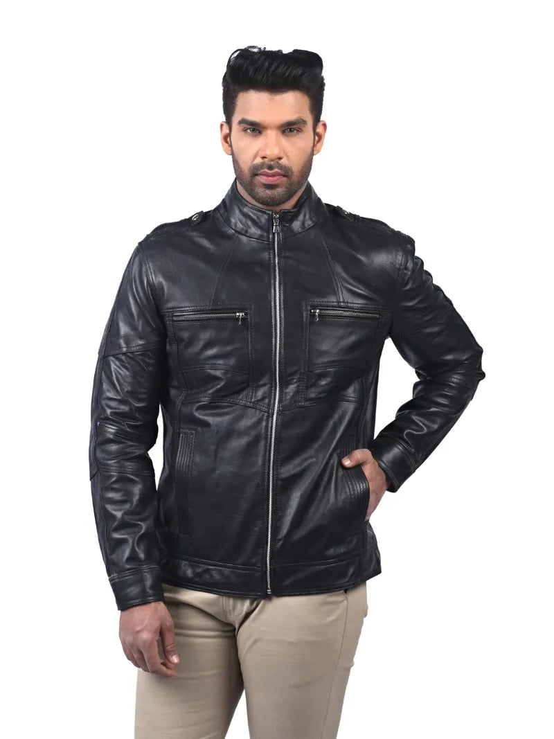 Men’s Black Leather Jacket with Zip Pockets Full